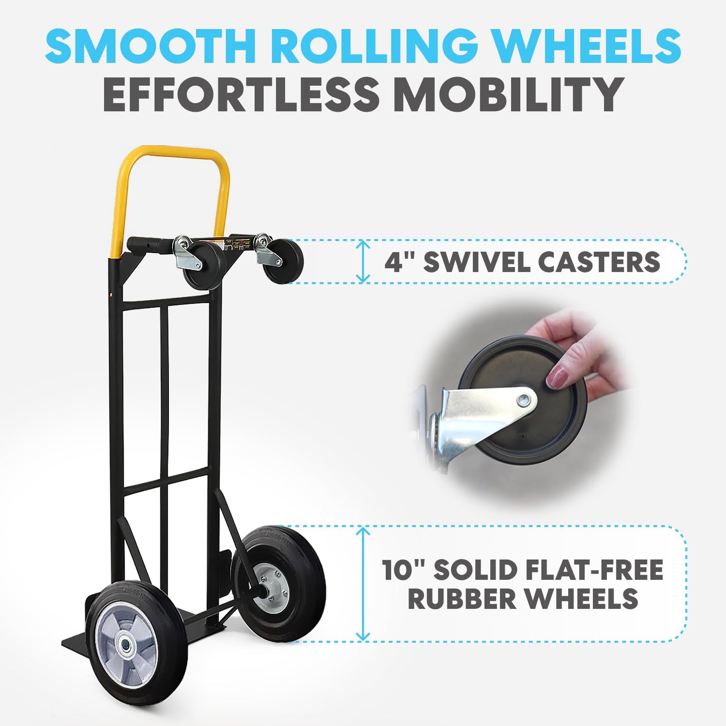 SIMPLI-Magic 2 in 1 Convertible Hand Truck and Dolly, 800LBS – Heavy-Duty Moving Dolly Cart with 10" Flat Free Rubber Wheels & Handle