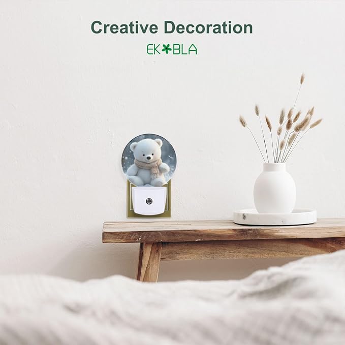 EKOBLA Cute Bear Night Light Bear White Fur Animal Winter Snowflakes Plug in Nightlights Dusk to Dawn Auto Sensor LED Plug-in Nightlights for Men Women Boys Girls