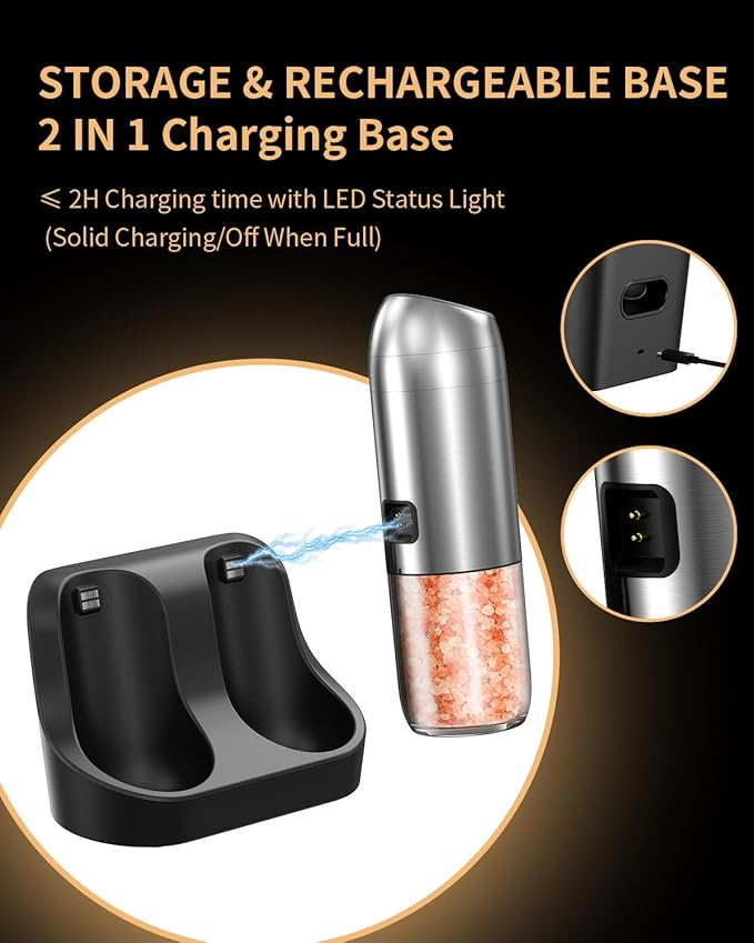 Gravity Electric Salt and Pepper Grinder Set with Rechargeable Base, 2-Speed Grinding Control Stainless Steel Pepper Mill Set with Adjustable Coarseness, LED Light & 176ml Large Capacity
