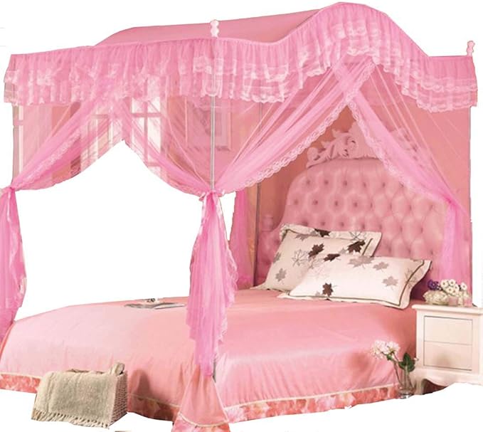 Mengersi Arched 4 Corners Post Bed Curtain Canopy Net Square Princess Fly Screen, Indoor Outdoor (Full, Pink)
