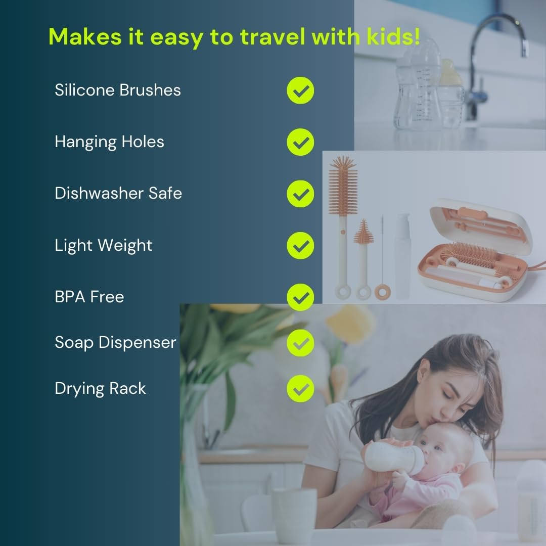 Travel Bottle Cleaner kit, 7in1 Baby Toddler Travel Essential Silicone Bottle Brush Set, Nipple, Drying Rack, Straw, & Breast Pump Cleaning, Soap Dispenser & Organizer Case, Gift for Mom (White)