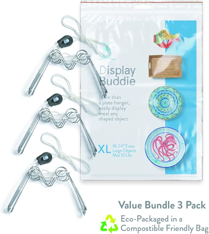 Display Buddie Adjustable Wall Plate Hanger - for Oval Square Round Rectangle Wall Display - Steel - Silicone Hooks - X-L 3-Pak 18"-24" up to 8 lbs