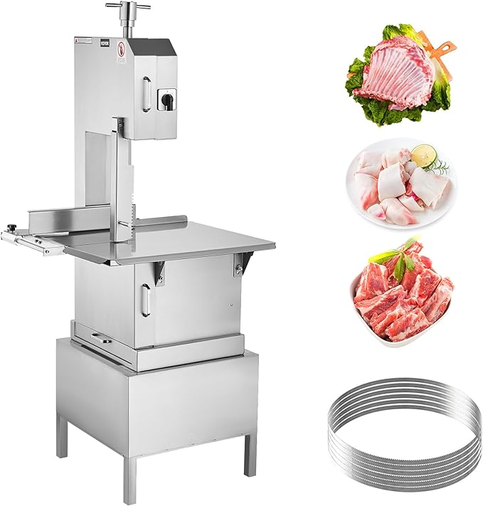 VEVOR Commercial Electric Meat Bandsaw, 2200W Stainless Steel Vertical Bone Sawing Machine, Workbeach 24.4" x 20.5", 0.16-8.7 Inch Cutting Thickness, Frozen Meat Cutter with 6 Blades for Rib Pork Beef