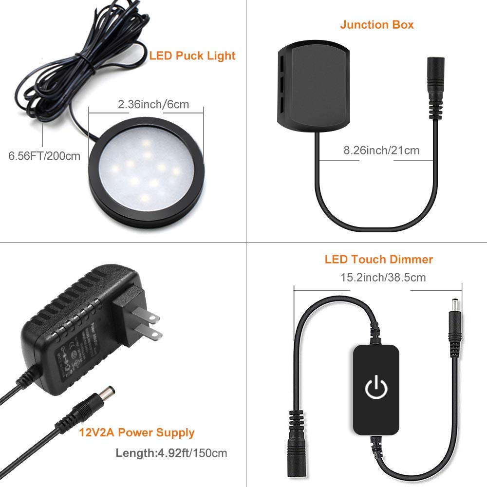 YGS-Tech LED Puck Light Kit, 1020 Lumens, 5000K Daylight White, Aluminum, 3 Pack, Black Trim