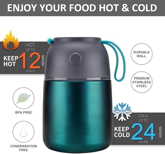 Itslife Insulated Thermo Food Jar for Hot & Cold Food for Kids Adult, 17 oz Soup Thermal Hot Food Containers for Lunch, Triple Layer Insulation Stainless Steel Food Jar with Spoon (Green)