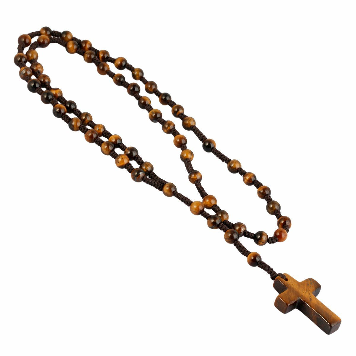 TUMBEELLUWA Tiger's Eye Stone Cross Pendant Beaded Necklace for Men Women, Catholic Rosary Hand Knotted Necklace