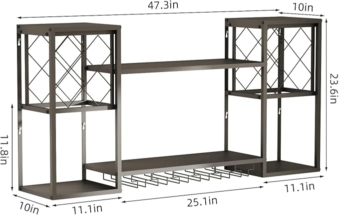 Wall Mounted Wine Rack, Multi Functional Bar Shelves for Liquor Bottles with Glass Holder, Modern Metal Bar Shelves Wall Mounted for Home Bar, Kitchen (Black, 47.3" L x 9.9" W x 23.6" H)