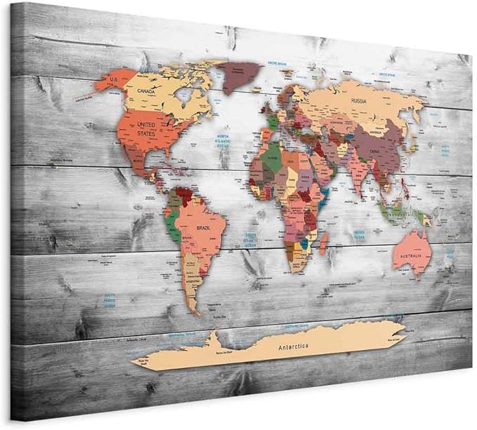 artgeist Canvas Wall Art Print World Map 35x24 in - 1pcs Home Decor Framed Stretched Picture Photo Painting Artwork Image World Travel Map Wood k-B-0009-b-c