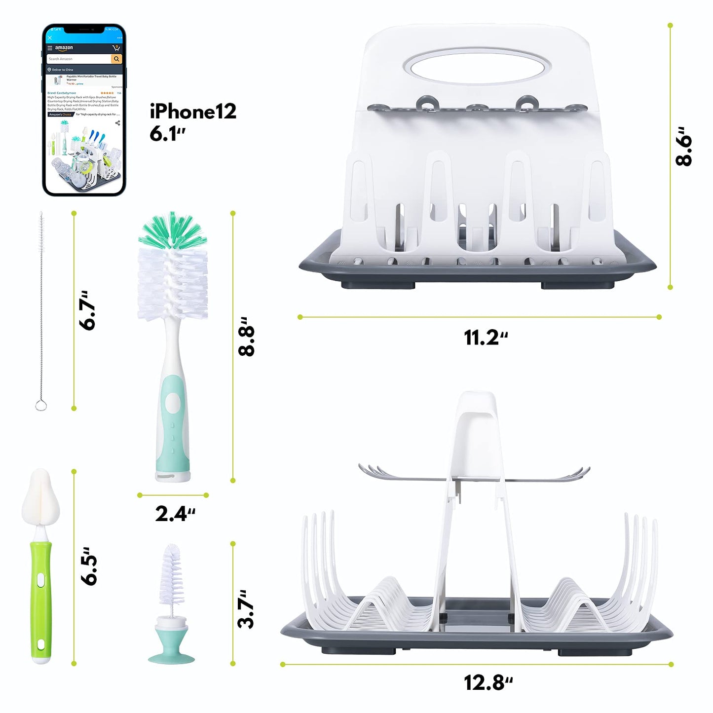 CAREBABYMORE High Capacity Drying Rack with 5pcs Brushes, Deluxe Countertop Drying Rack, Universal Drying Station, Baby Bottle Drying Rack with Bottle Brushes, White