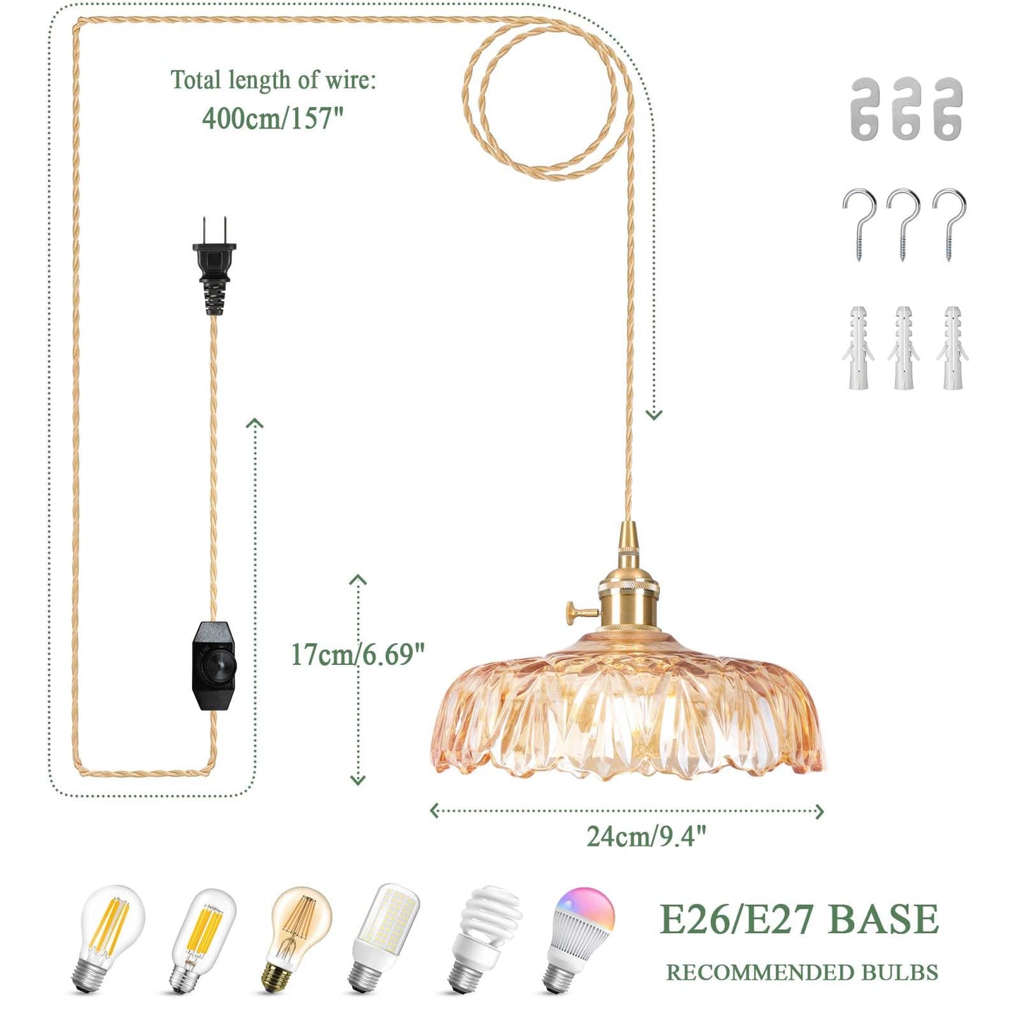 Loiogohot Plug In Pendant Light Fixtures Amber Glass Lampshade Pendant Lighting 9.4In E26 Hanging Light Fixturecorded On/Off Switch For Kitchen Island  Bedroom  Dining Room