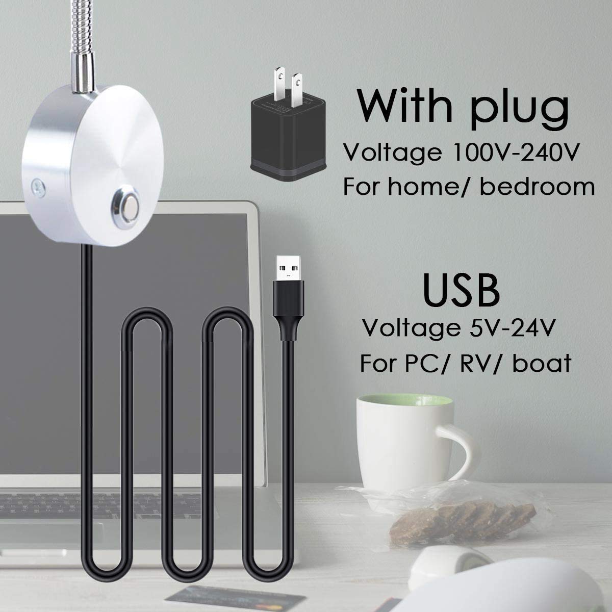 Adust Reading Lights for Books in Bed, Bedside Reading Lamp, RV Boat Reading, DC 5V-240V 3W LED Touch Dimmable Brightness Wall Mount Lamp, Adjustable Colour Temperature, 3000k, 4000k, 6000k(Black)