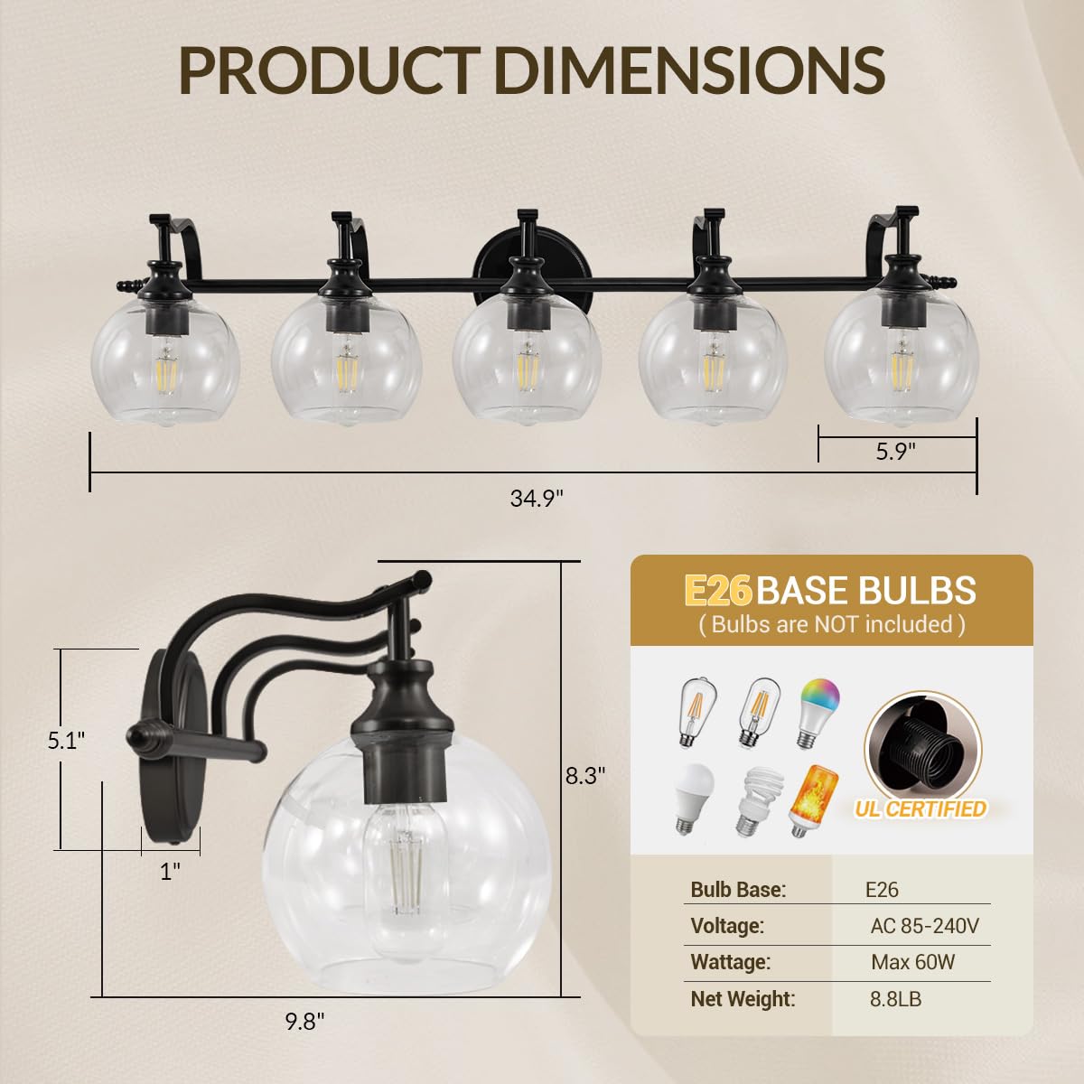 Andy Star Black Vanity Light  5-Light Bathroom Light Fixture  35 Large Bathroom Lighting Over Mirror  Industrial Wall Sconce  Perfect For Big Bathrooms  Double Vanities  Long-Length Elegant Design