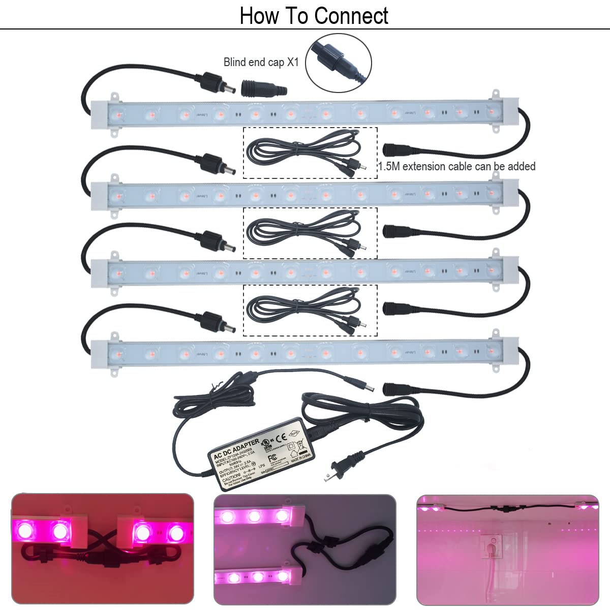 Litever Grow Light Strip Kit 45W, 4 pcs 16in LED Strips, Aluminum, Small, Grow Light, Model LL-GLS-4S