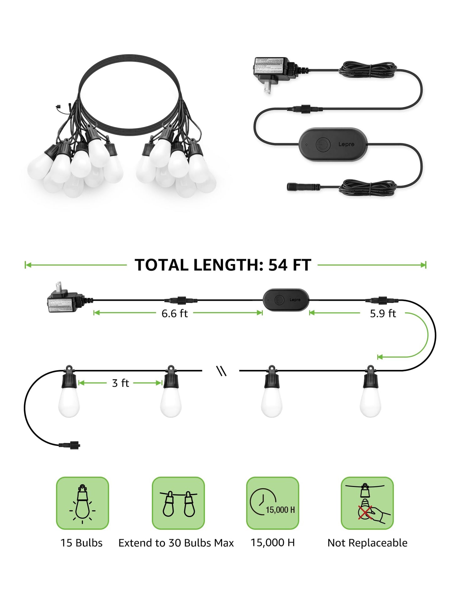 Lepro ZB1 AI Smart Outdoor String Lights APP Control, 54(42+12) ft RGB+IC+Warm White Outdoor Lights 15 LED Bulbs, Alexa Google Home Enable, AI Generated Lighting LLM, NO Remote 2.4 GHz WiFi+Bluetooth