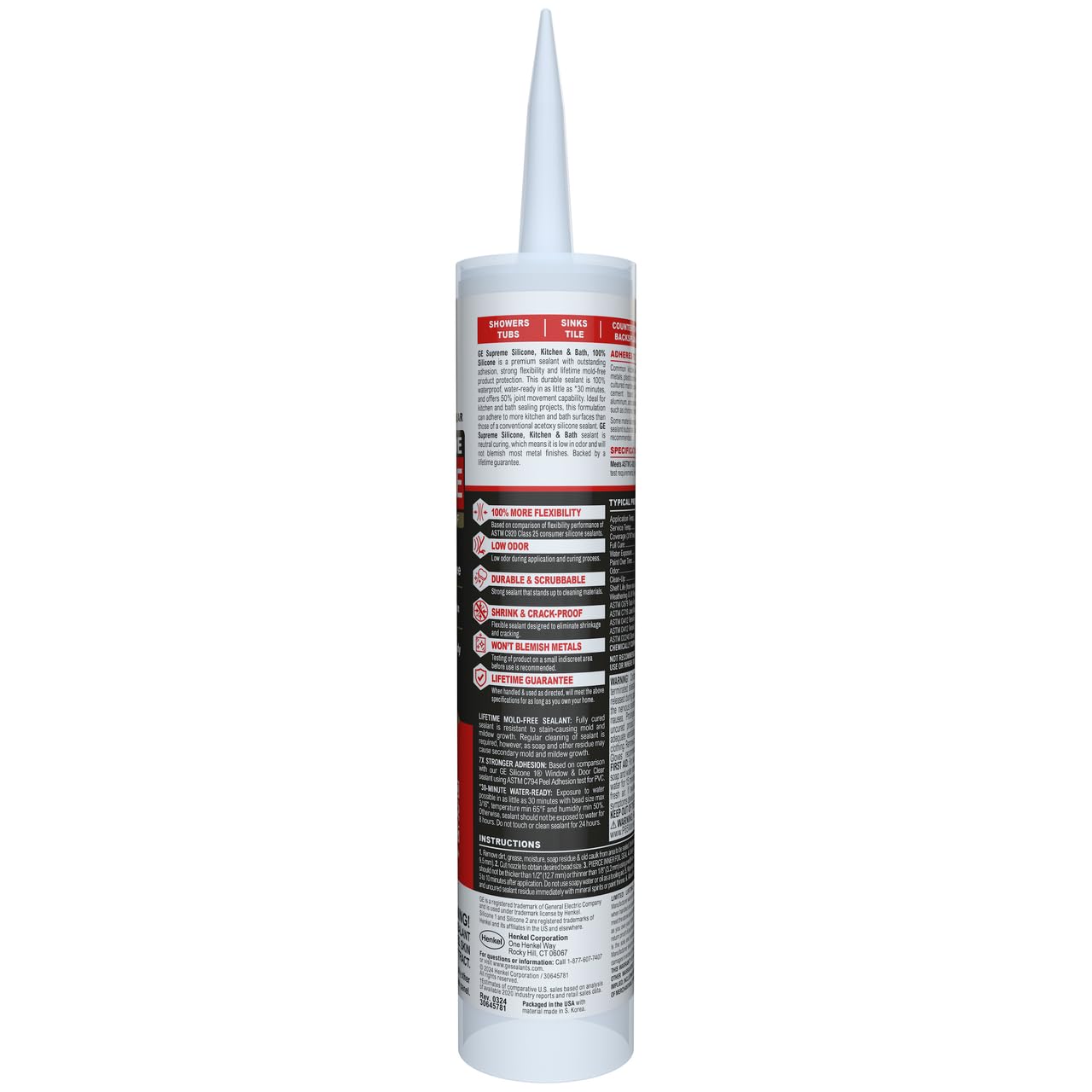 GE Supreme Silicone Caulk for Kitchen & Bathroom, Clear, 10 fl oz Cartridge, 1 Pack - 100% Waterproof Silicone Sealant, 7X Stronger Adhesion, Shrink & Crack Proof