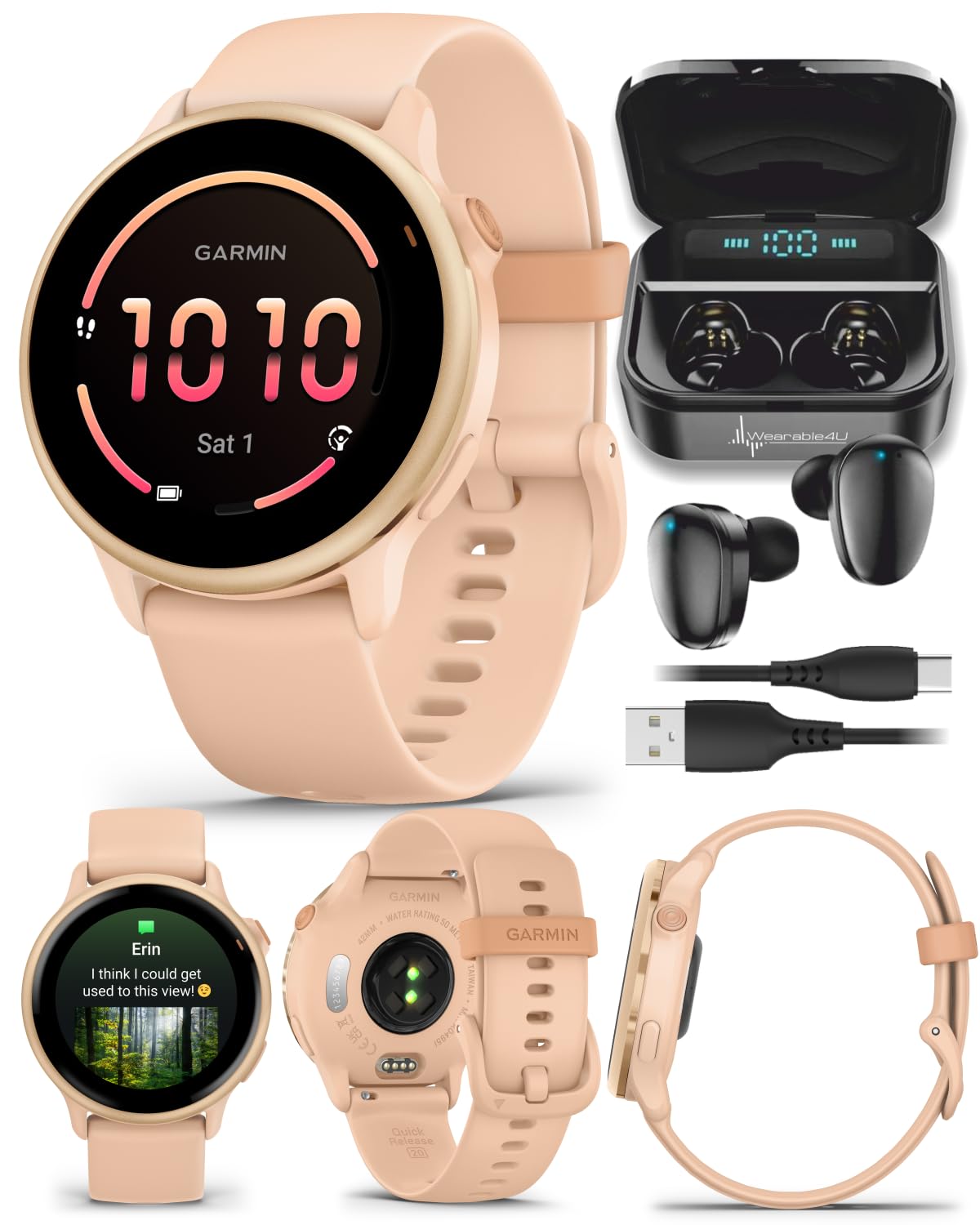 Wearable4U Garmin Vivoactive 6 - Health & Fitness Smartwatch, 1.2 in Bright AMOLED Display, GPS Sports Tracking, Up to 11 Days of Battery, Metallic Pink Dawn & Pink Dawn Band w Black Earbuds Bundle