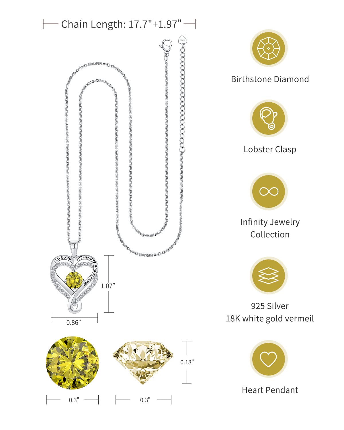Mkhhy S925 Silver Necklace for Women Gifts for Wife Anniversary Infinity Heart Birthstone Jewelry for Women Birthday Gift for He
