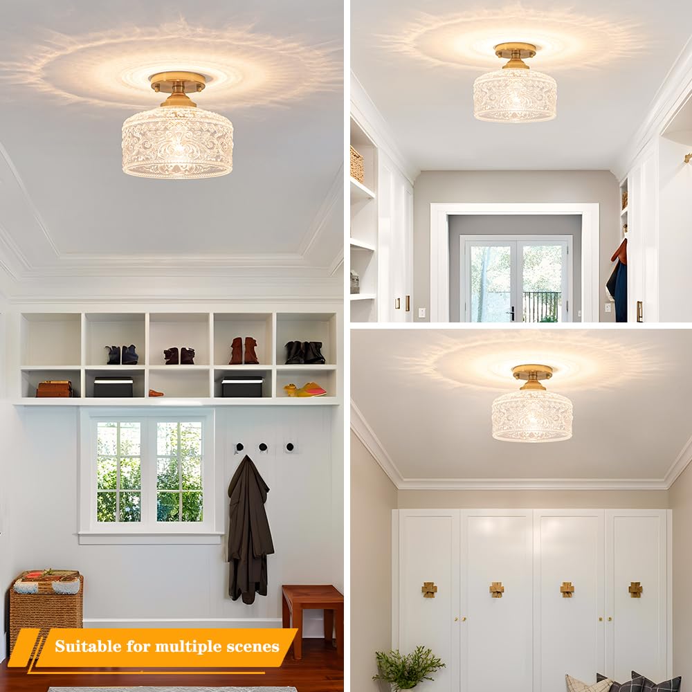 Gold Semi Flush Mount Ceiling Light  Antique Brass Ceiling Light With Glass  Indoor Close To Ceiling Light Fixture  Entryway Light Fixtures  Overhead Lighting For Hallway Kitchen Bedroom Dining Room