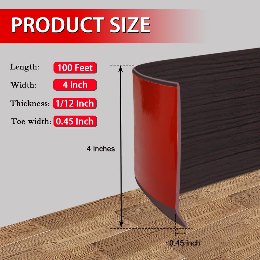 Vinyl Wall Base Baseboard Molding Trim 4" Flexible Self Adhesive Rubber Wall Base Moulding Trim Peel and Stick Design, 4 Inch x 100 Feet, Black Walnut Wood