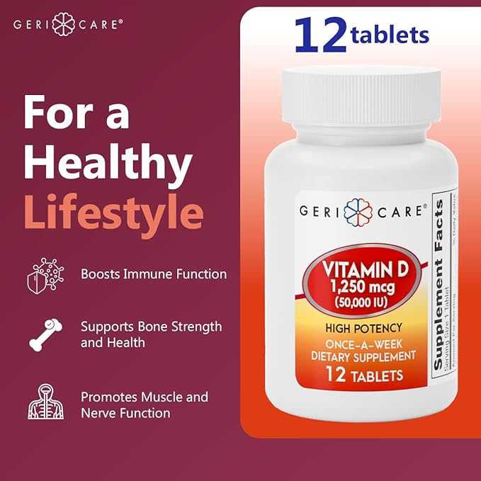 GeriCare Vitamin D 1,250mcg (50,000 IU) High Potency Once-A-Week Dietary Supplement, 12 Count (Pack of 1)