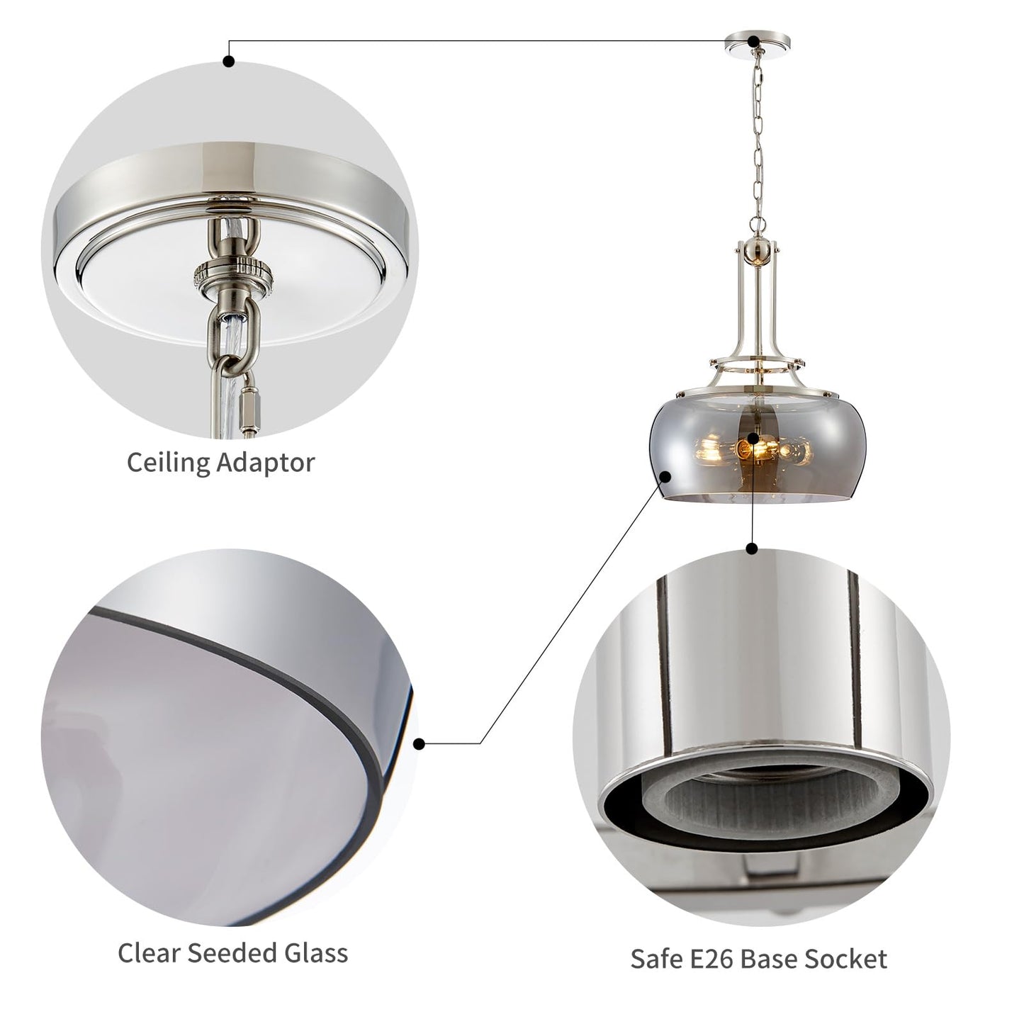 WUZUPS Nickel Chandelier Pendant Light Fixture, Electroplated Gray, 3-Light, H 20.9in W 15.9in, Model USHD30308GR