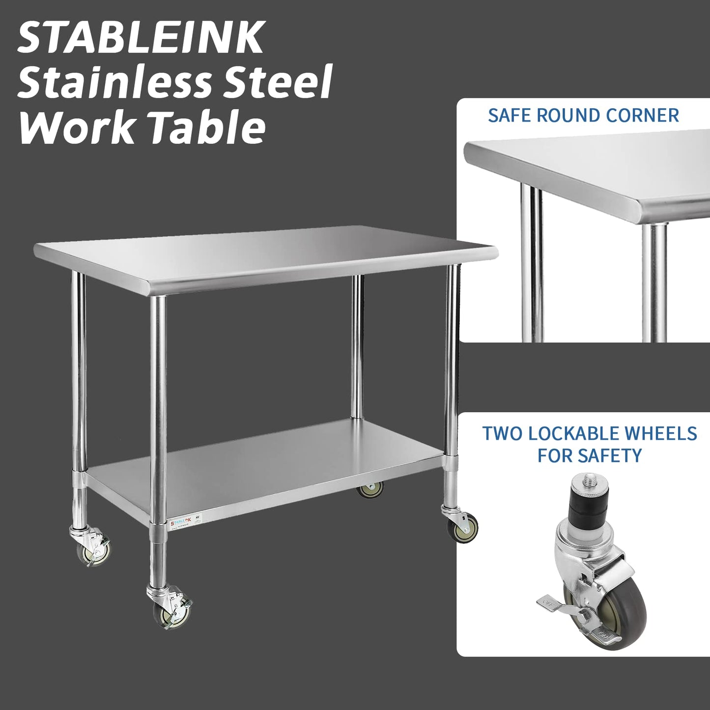 STABLEINK Stainless Steel Table with Wheels 24 x 48 Inches 4ft, NSF Commercial Prep & Workbench with Adjustable Undershelf, for Commercial Kitchen, Restaurant, Laundry, Hotel and Garage