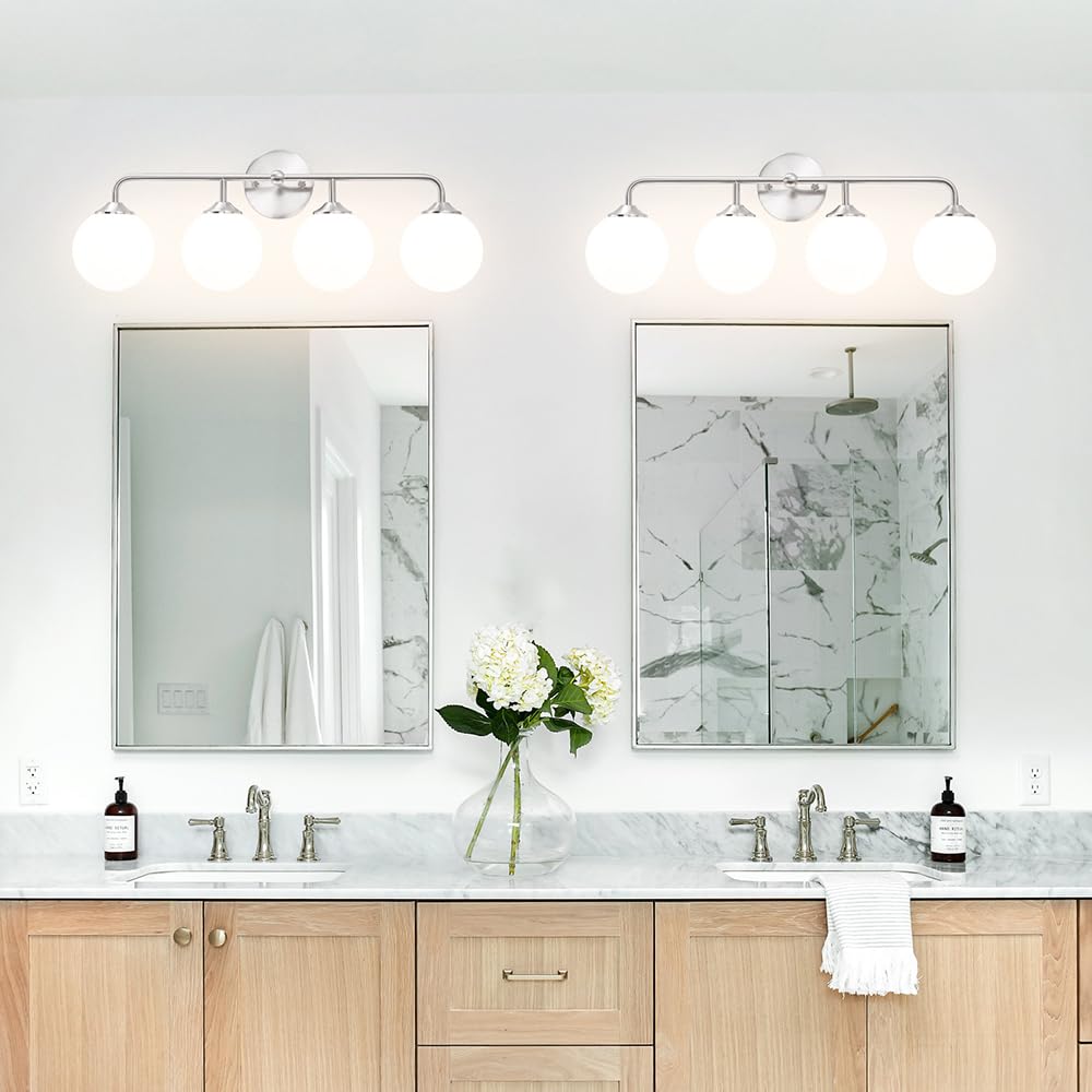 Modern 4-Lights Brushed Nickel Vanity Lights Over Mirror  Bathroom Lighting Fixtures With Milk White Globe Glass Shade  Industrial Bathroom Wall Sconce For Dressing Table Bedroom Living Room