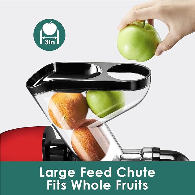 Cold Press Juicer Machines, Fretta Slow Masticating Juicer, BPA-Free Juicers, Extractor de Jugos y Vegetales, 3-inch Large Feed Chute Juice Maker, Quite DC Motor, 200W,Perfect for Christmas gifts(Red)