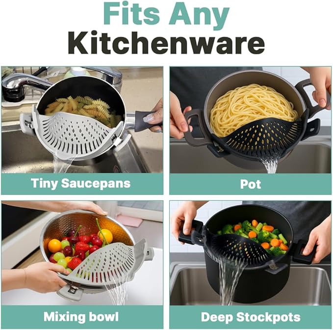 Silicone Clip On Strainer for Pots and pans, Clip on Food Strainer for Pasta Meat Vegetables Fruit Rice Silicone Kitchen Colander [2-Pack]