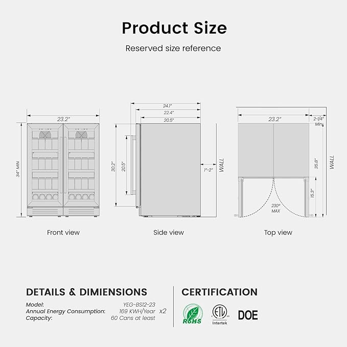 Yeego Beverage-Refrigerator,12 Inch Beverage Cooler 2PCS Small Wine Fridge Built-in or Freestanding with Auto Defrost, Mini Fridge with Glass Door for Bottles and Cans Beer/Soda/Water/Wine