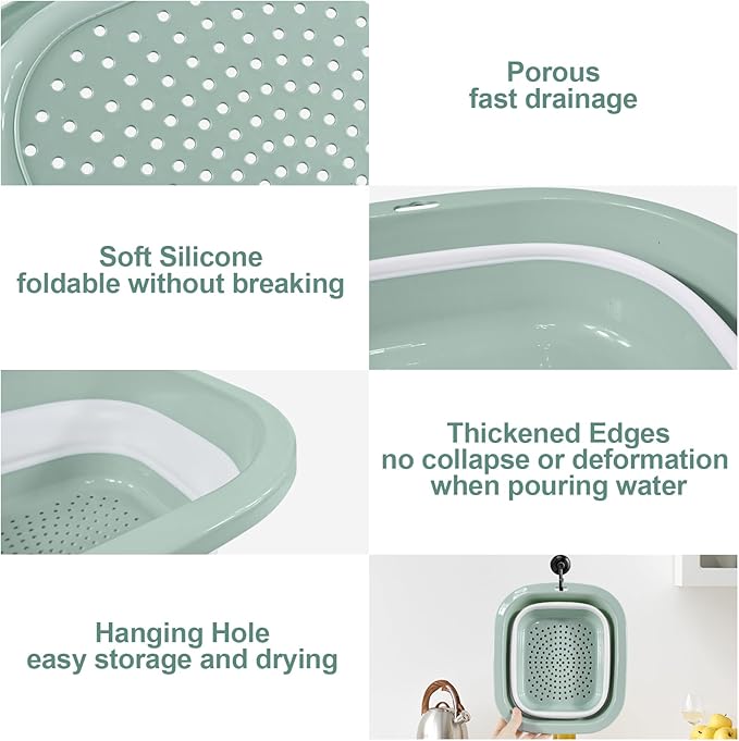 Collapsible Colander and Sink Basin Set 4 QT - 2 Pack Set Collapsible Strainer with Collapsible Wash Basin for Kitchen, RV Camping, Foldable Fruit Vegetable Washing Basket, 4 QT, Blue