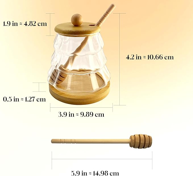 2Pcs Glass Honey Jar Set with Wooden Dipper ，12 OZ Honey Pot for Kitchen, Coffee Bar Decor, Home Organization, Gift for Her，Drizzle Control Design Honey Dispenser Jar for Jam, Jelly, Syrup