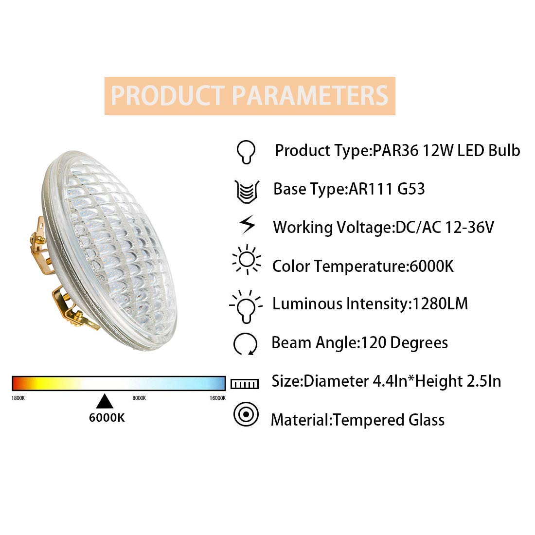 SHUWDKAR PAR36 LED Landscape Bulb 12V 12W 1280LM Water Resistant 6 Pack 6000K