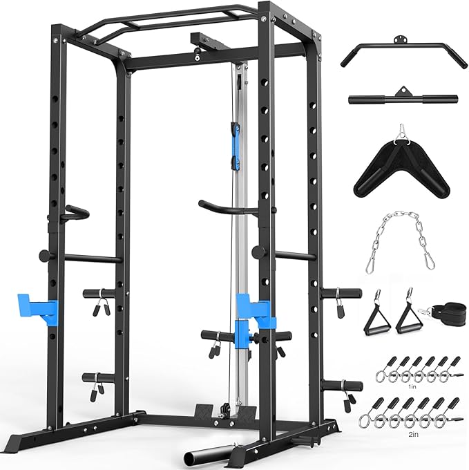 ULTRA FUEGO Power Cage, Multi-Functional Power Rack with J-Hooks, Dip Handles, Landmine Attachment and Optional Cable Pull...