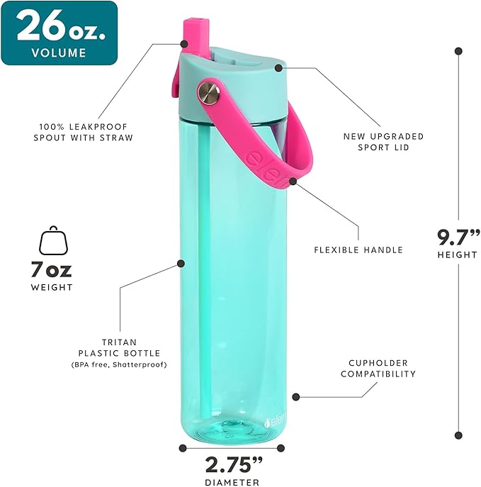 Elemental Splash Water Bottles - BPA-Free Tritan Plastic Reusable Water Bottle with Strap - Ideal for Gym and Sports Leak Proof when Spout is Closed - Hot Pink & Midnight Clear - 26oz (2 Pack)
