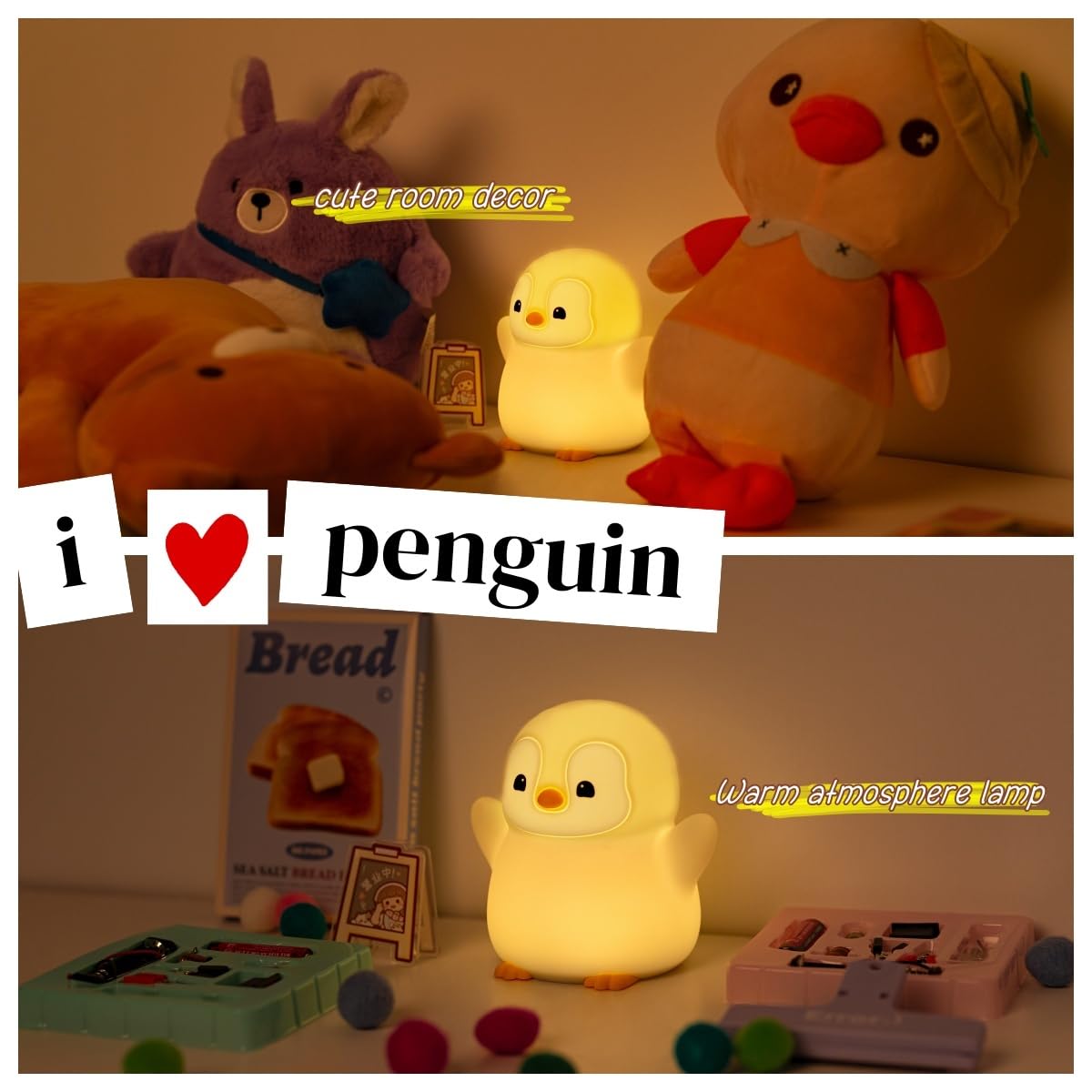 Yr Yrhh-Pet Cute Penguin Night Light  Led Squishy Xmas Penguin Lamp  Food Grade Silicone Dimmable Nightlight  Kids Gray Penguins Light  Rechargeable Light Up Penguins Gifts  Kids Room College Decor