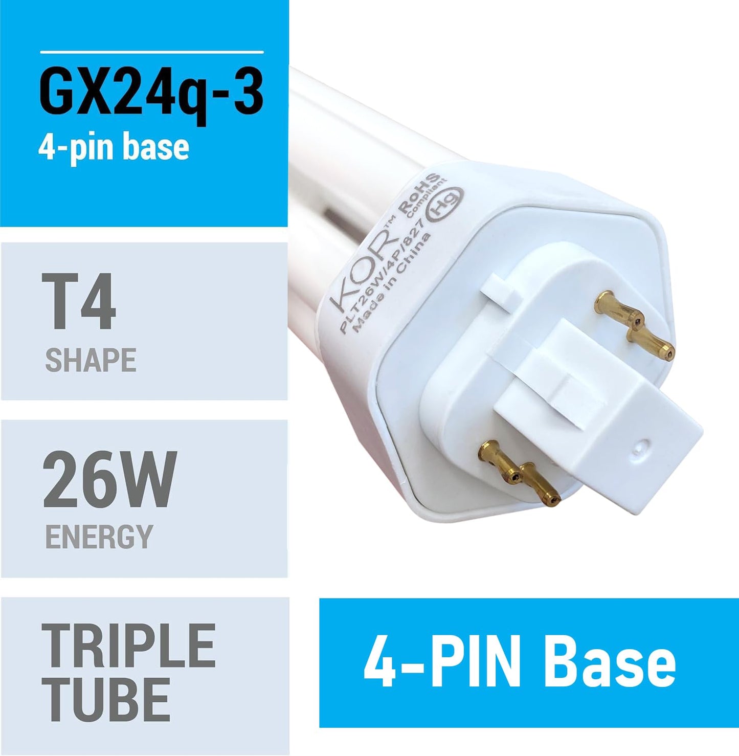 KOR 26W CFL Plug-in Bulb – GX24Q-3 Base, 2700K Warm White, Triple Tube, (4-Pin) Replaces Sylvania 20879, Philips 458240, GE 97614 – Pack of 4