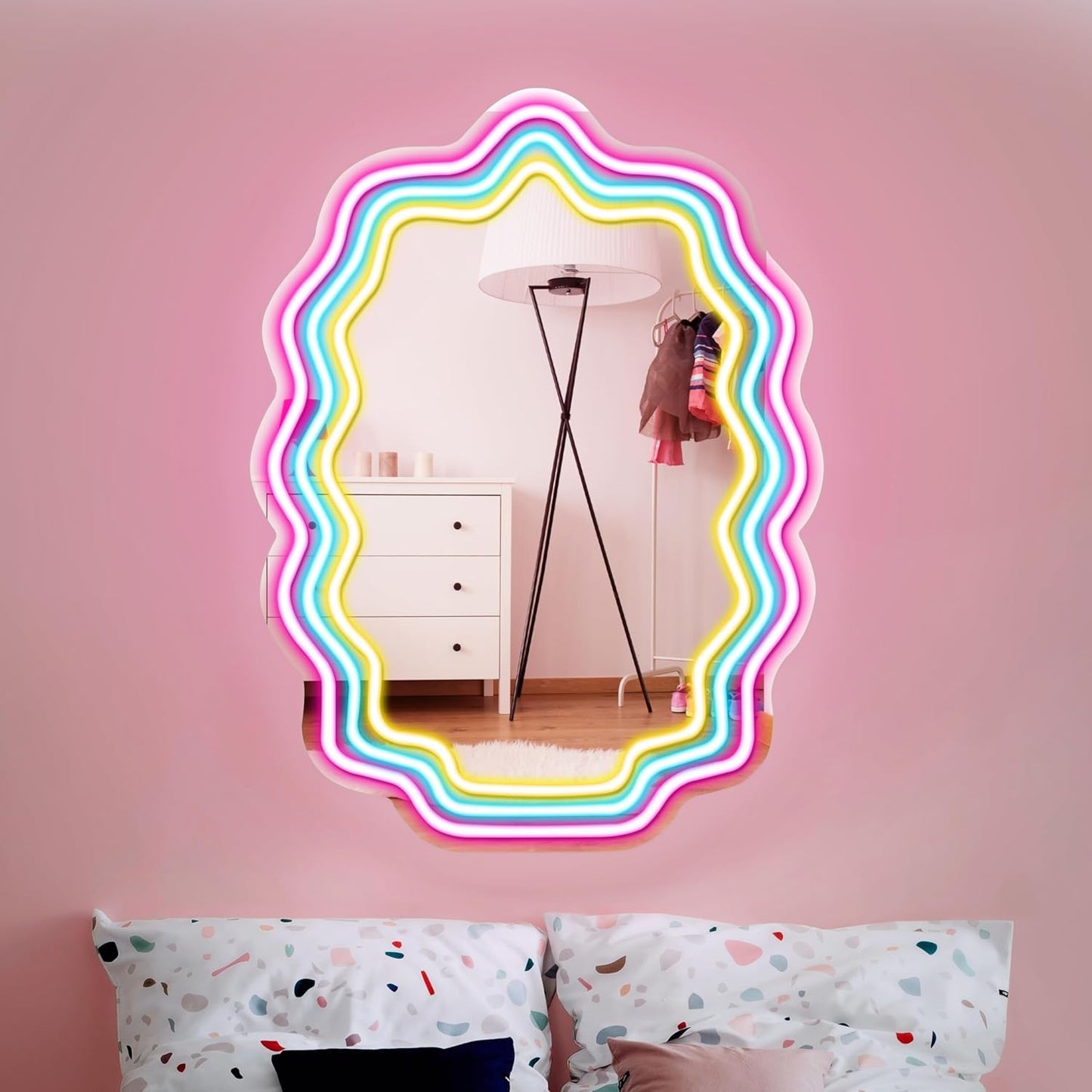 Kavaas LED Wave Mirror, 16.9in x 12.7in, Wavy Neon for Bedroom, Best Gift for Teen Girls