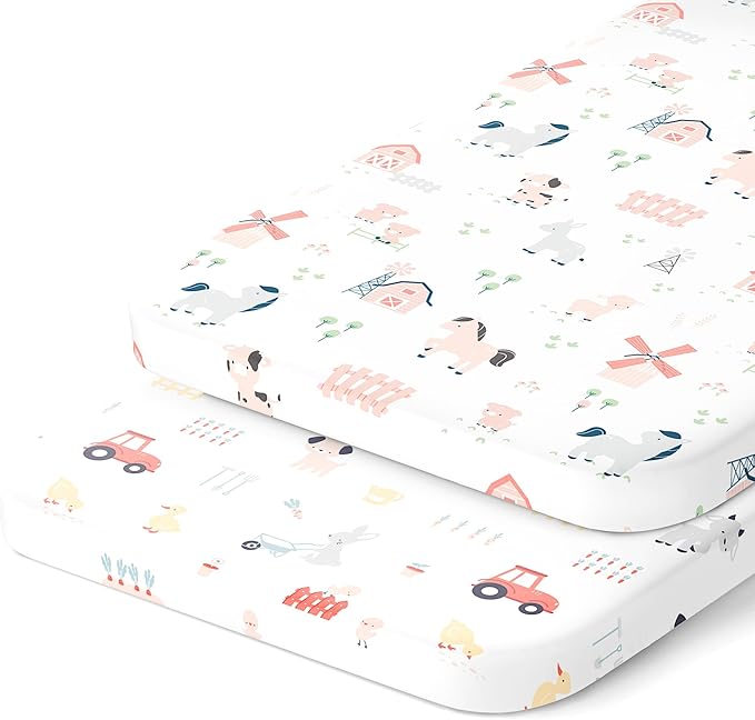 Bassinet Sheets 20x30 Inch for Graco Travel Lite Crib, Sense2Snooze, My View 4 in 1, Dream Suite and Guava Bassinet – 100% Jersey Cotton Fitted Sheets – Farm Animals – 2 Pack