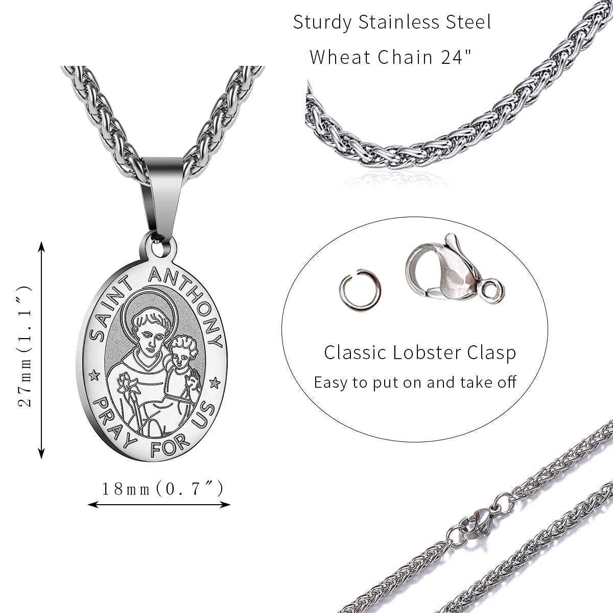 P. BLAKE St.Raphael Pendant Necklace for Men Stainless Steel Catholic Saint Raphael Archangel Medal with Chain 24 Inches