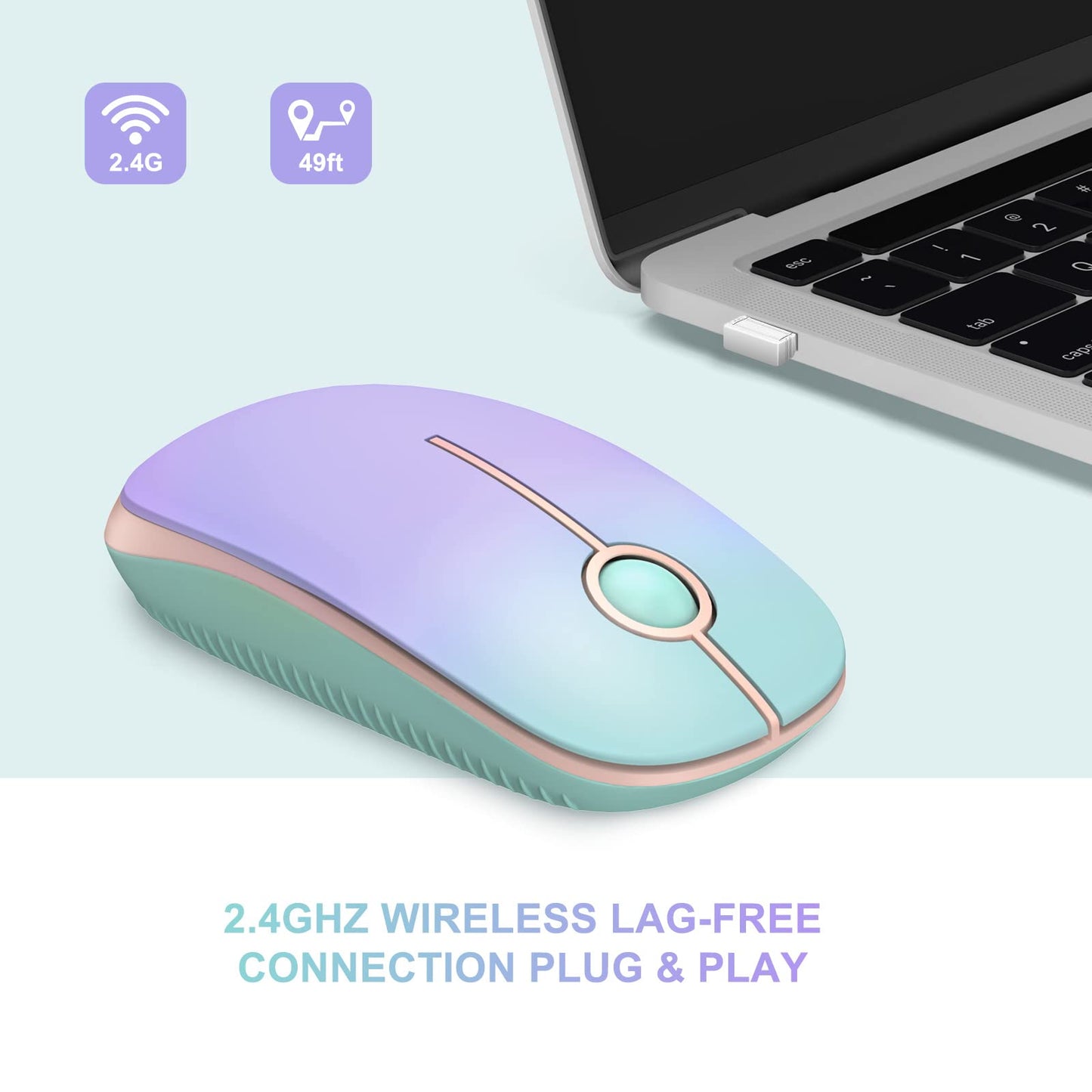Unipows Wireless Mouse - 2.4G Slim Portable Computer Mouse with Nano Receiver, Less Noise Mobile Optical Mice for Notebook, PC, Laptop, Desktop (Gradient Mint Green)