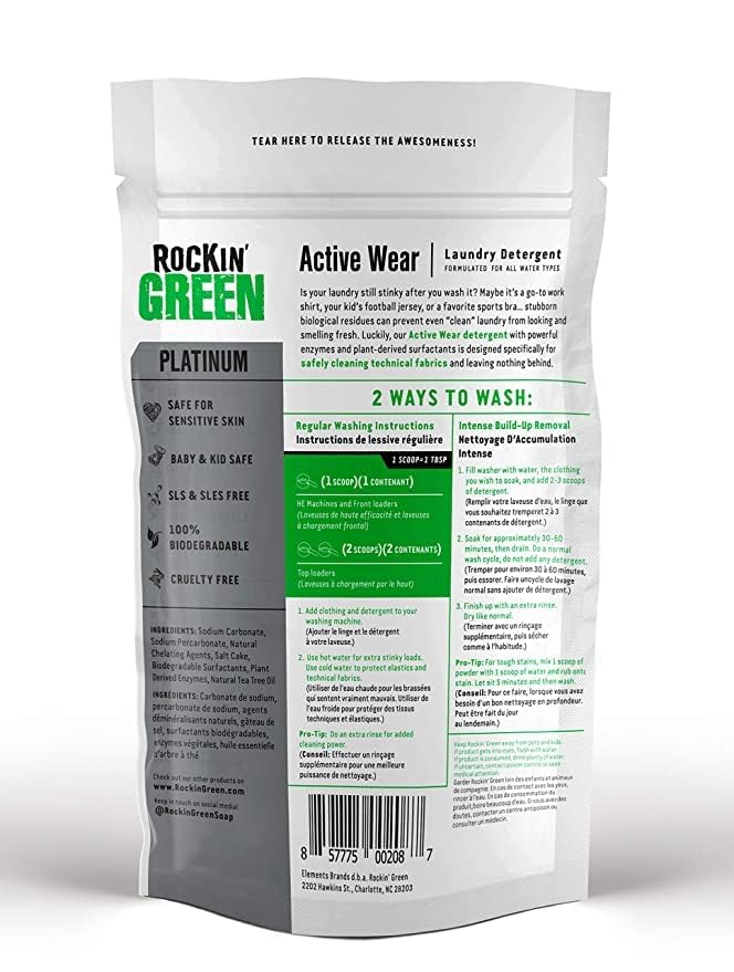 Rockin’ Green Active Wear Laundry Detergent - Unscented Laundry Detergent Powder & Odor Eliminator - Workout Clothes & Spo...