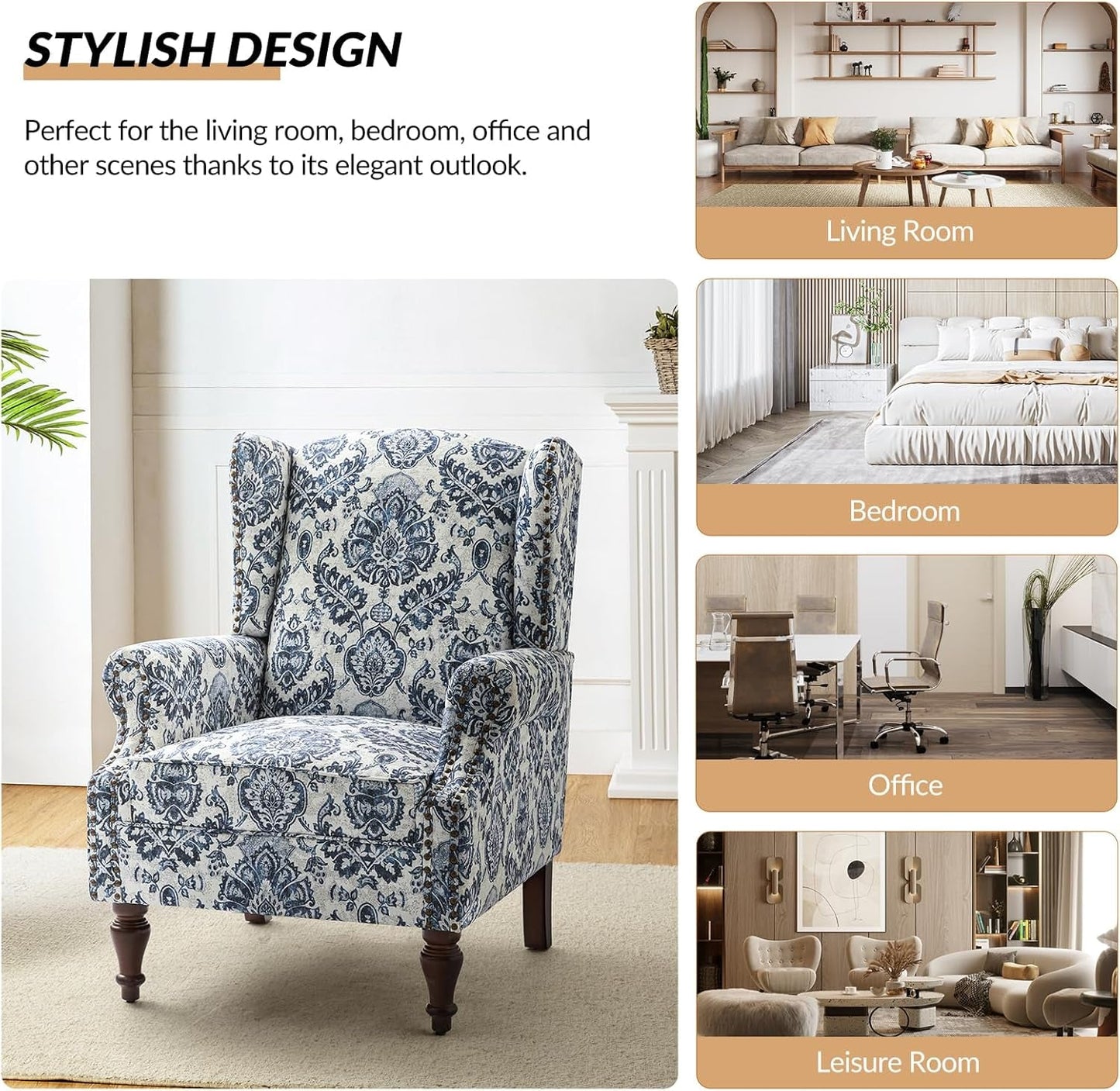 Wingback Accent Chair with Floral Pattern Design, Traditional Fabric Armchair with Nailhead Trim and Retro Wooden Legs, Navy