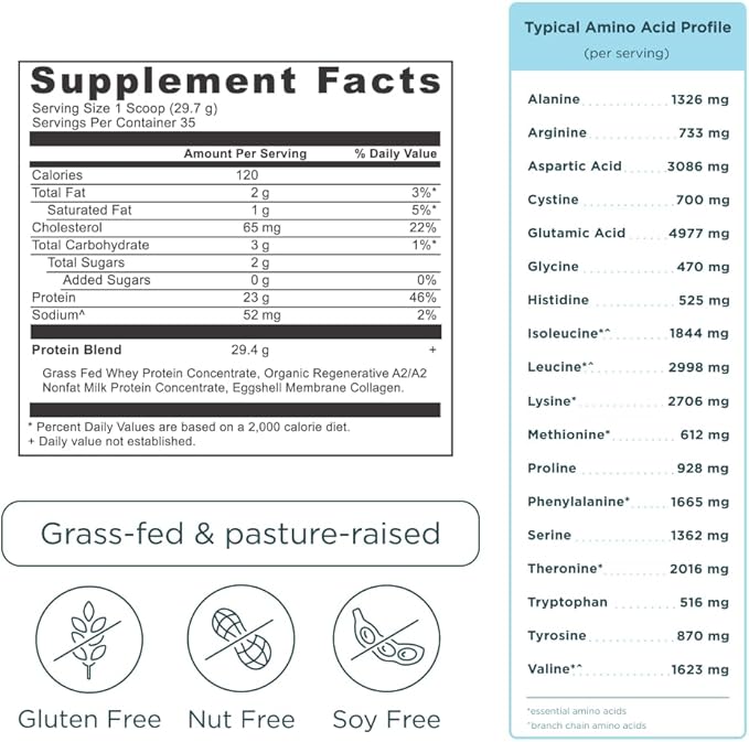 Ancient Nutrition Grass Fed Whey Protein, 23g Protein, Hydrolyzed Collagen Peptides, Organic Regenerative A2/A2 Milk Protein (35 Servings, Vanilla Bean)