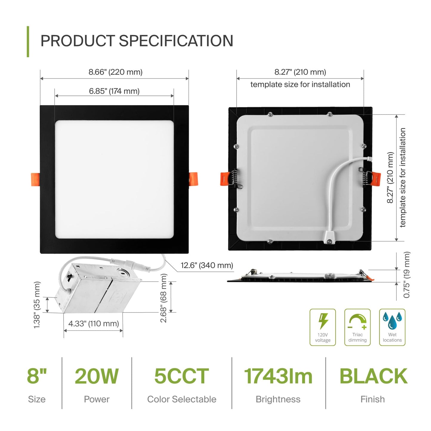 Asd 1 Pack Led Square Recessed Lighting 8 Inch  5 Cct 2700K-5000K Cri90+  20W 70W Eqv  Ultra Thin Dimmable Ceiling Lights With J Box  Canless Wafer Downlight  Slim Panel Light  Ul Energy Star  Black