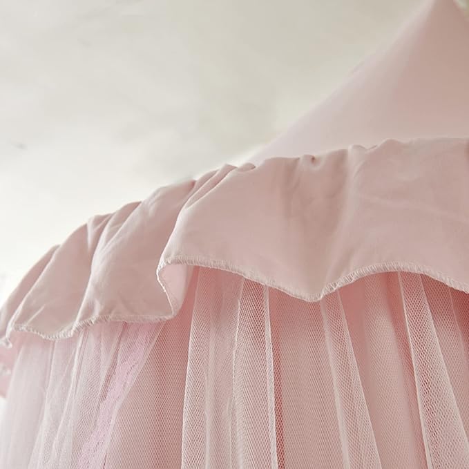 VETHIN Bed Canopy for Kids with Lights,Double Layer Princess Round Dome Children Dreamy Mosquito Net Bedding Girls Room Castle Play Tent Hanging House Decor Reading Nook Canopies(Beige Pink/White)