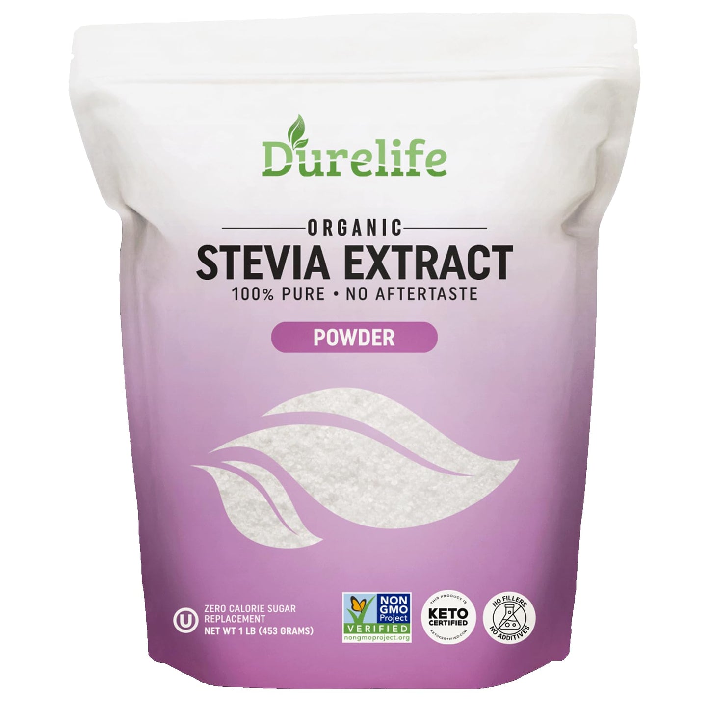 Durelife 100% Pure stevia extract sweetener | No Erythritol  NON-GMO Project Verified  No Fillers  Zero Calorie Sugar Substitute | No Aftertaste | Micro-Spoon Included (16 Ounce (Pack of 1))