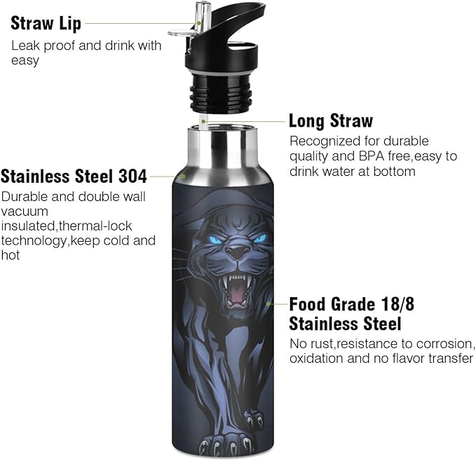 senya 34 Oz Water Bottle with Straw Roaring Black Panther Stainless Steel Water Bottle for Traveling Sports Leakproof Insulated Water Bottle