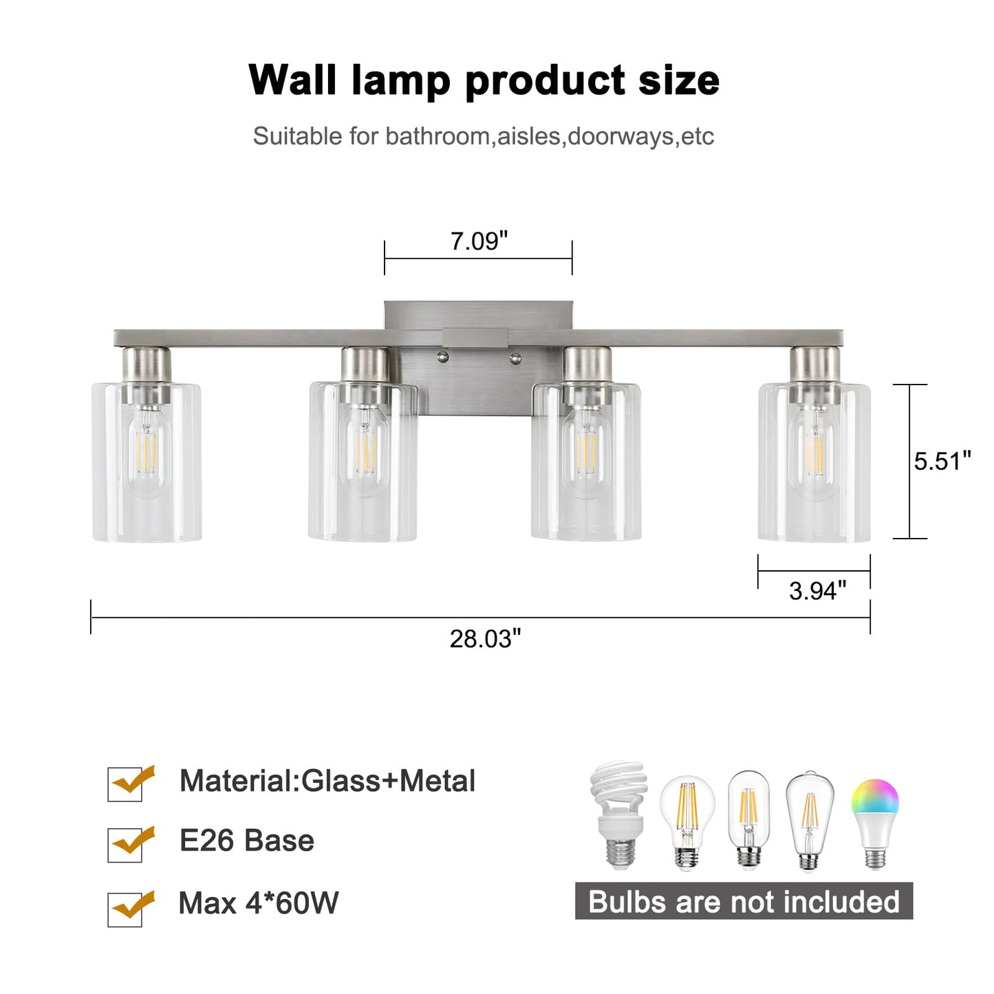 Sopeas 4 Light Bathroom Light Fixtures  Brushed Nickel Modern Bathroom Vanity Light With Clear Glass Shade  Bathroom Lighting Fixtures Over Mirror  Vanity Lights For Bathroom Mirror