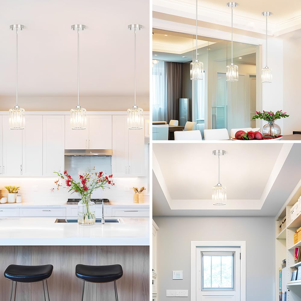 Lxybcce Chrome Kitchen Pendant Lights Over Island With Adjustable Rods - Crystal Pendant Lighting Fixtures 3 Pack  Ideal Over Dining Table Or Bar  E26 Bulb Compatible  No Electrician Needed